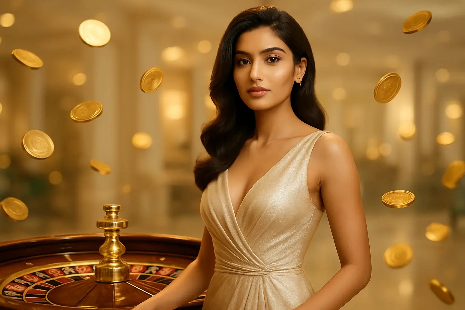 Beautiful Bangladeshi woman in elegant evening dress with luxury roulette and gold coins in bright casino setting